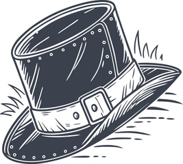 Vintage pilgrim hat with buckle and rivets on wide brim sitting on grass hand drawn black and white sketch style illustration isolated on white background traditional historical headwear