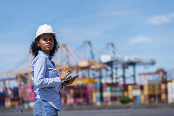 A female manager in a hard hat holds a tablet while supervising logistics operations at a shipping port. Behind her are cargo containers, cranes, and trucks indicating active freight movement.