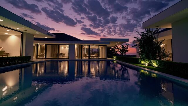 Twilight video scene of a modern villa with a serene pool, captured from a low angle, highlighting the elegant architecture and ambient lighting.