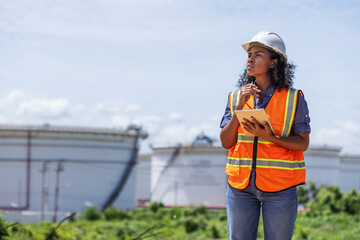 A female engineer wearing safety gear observes and takes notes near large oil storage tanks. She appears to be conducting an inspection or assessment of the tank facility in an outdoor setting.