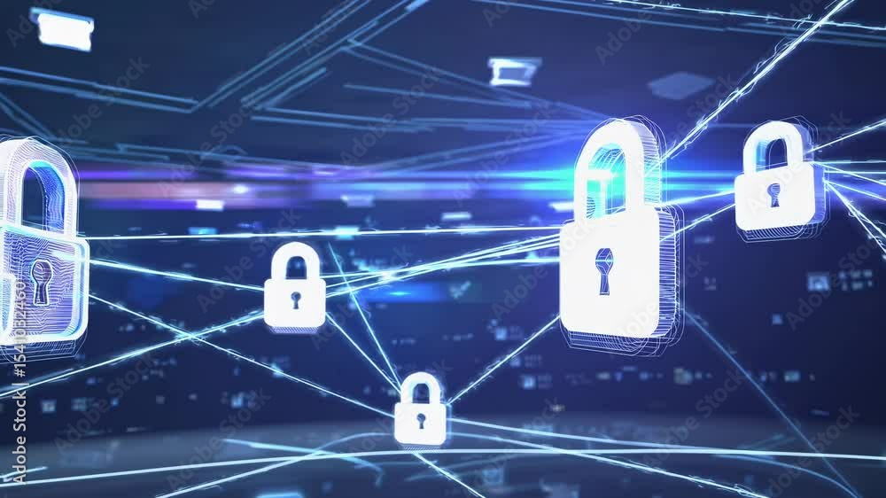 Poster futuristic video concept of digital security with a low-angle view. blue holographic padlocks and li