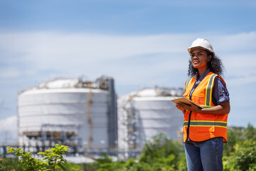 An environmental engineer in a safety vest points toward large industrial storage tanks while conducting a site survey. She holds a tablet, indicating active environmental monitoring and assessment.