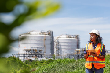 An environmental engineer wearing safety gear uses a tablet while surveying an oil tank facility...