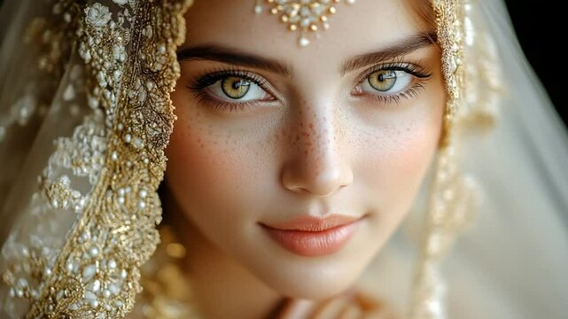 Beautiful Indian Bride Portrait with Golden Veil, and Closeup.