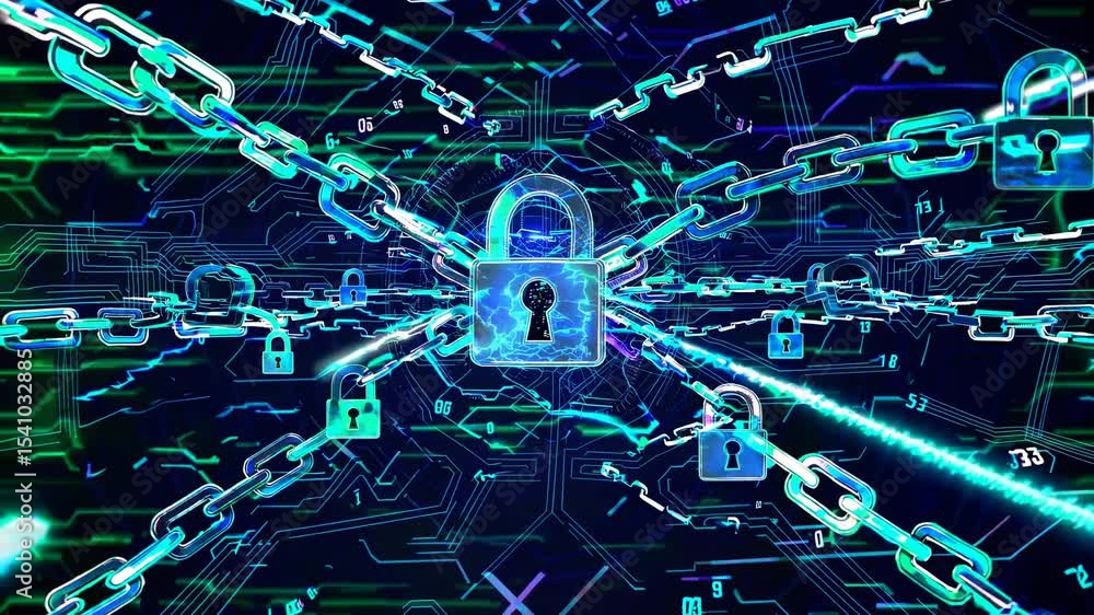 Aufkleber futuristic video concept of cybersecurity with a digital lock and chains. high-angle view emphasizes