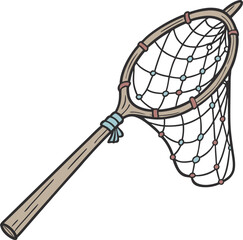 Illustrated Fisherman's Net with Wooden Handle and Colorful Knotted Mesh Design in Traditional Style