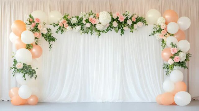 Elegant balloon arch decoration with white, peach, and green flowers including rose on soft draped fabric backdrop, perfect for romantic celebration and wedding event settings with floral arrangements