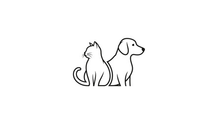 Fototapeta premium Minimalist Black Line Art Cat and Dog Sitting Side by Side on White Background 