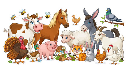 Cute Colorful Farm Animals Group Standing on Grass with Flowers and Bees
