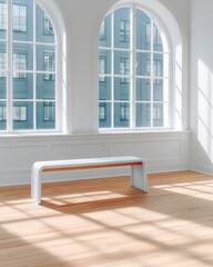 Modern White Bench in Bright Room with Large Windows