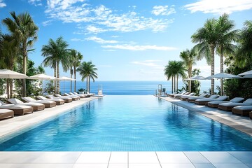 Swimming pool in luxury villa with sea view. 3d rendering