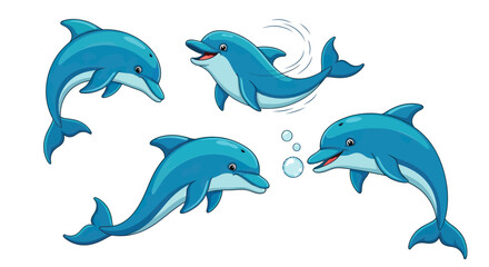 Naklejka premium Cute Blue Cartoon Dolphins Playing and Jumping on White Background 