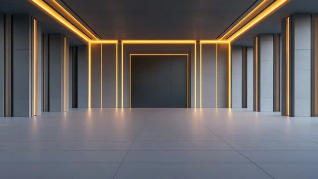 Modern empty interior space with glowing orange light ceiling and wall tiles creating sleek, spacious atmosphere with clean gray tile floor and futuristic design elements enhancing modern space