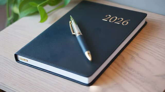 Elegant Black 2026 Planner With Gold Pen On Wooden Table Near Green Plant Representing Organization Planning And Focus

