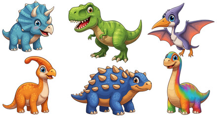 Colorful Cute Cartoon Dinosaurs Smiling Standing on White Background
