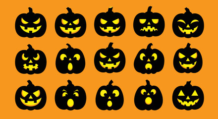 Set of Black Halloween Jack O Lanterns with Yellow Glowing Faces on Orange Background
