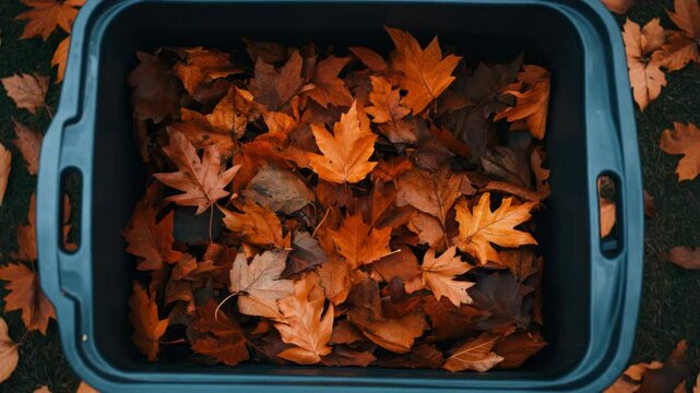 Dry autumn leaves in blue plastic container with warm orange and brown foliage, showcasing natural fall nature textures and seasonal dry leaf collection outdoors in cozy autumn setting