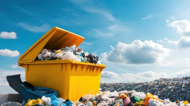 Overflowing yellow dumpster filled with plastic bags, waste, and trash under blue sky with clouds, highlighting environmental pollution, recycling challenges, and garbage management in urban areas