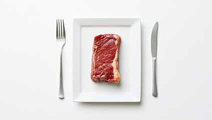 A single slab of raw steak sits on a white rectangular plate, flanked by a fork and knife