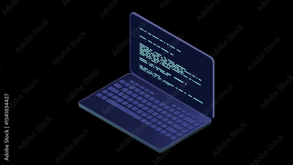 Poster Isometric laptop animation. 3d isometric laptop computer. Abstract programming language and program code on a laptop screen. Transparent background with alpha channel