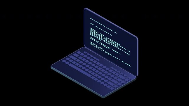 Isometric laptop animation. 3d isometric laptop computer. Abstract programming language and program code on a laptop screen. Transparent background with alpha channel