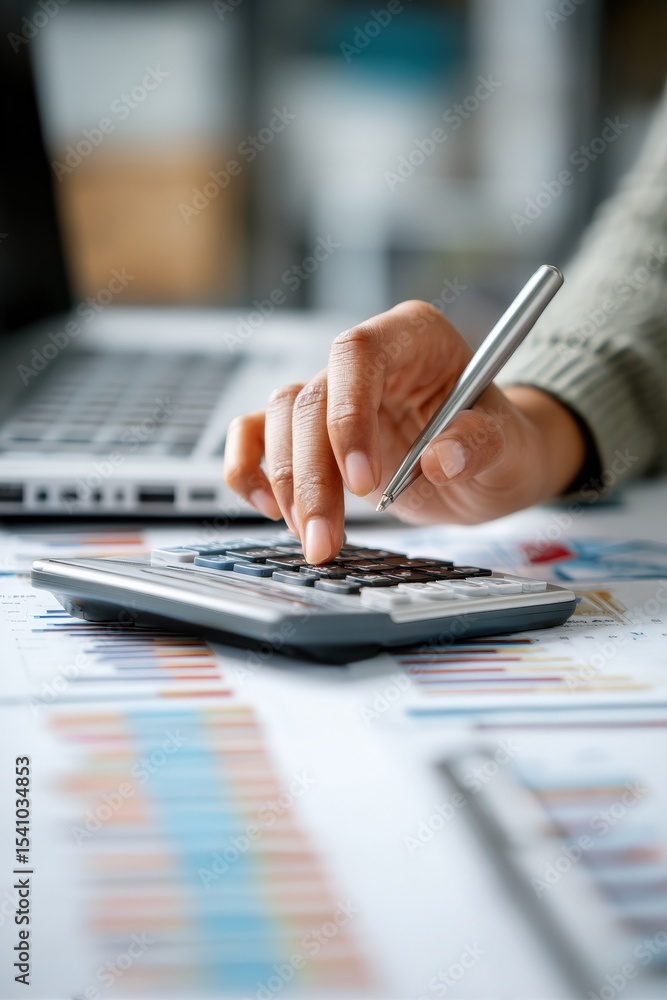 Aufkleber Businesswoman calculating and analyzing financial data with a calculator while working at her desk in a modern office environment