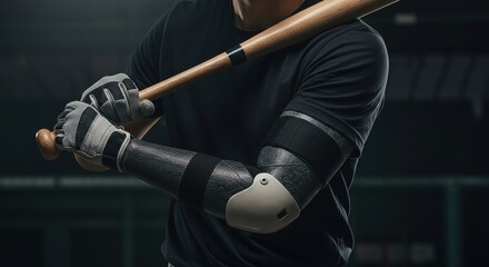 Baseball player holding bat with protective gear on