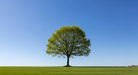 Obraz premium Solitary Tree Standing Tall in a Green Field Under a Clear Blue Sky (1)