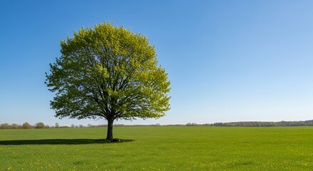 Solitary Tree Stands in a Green Field Under a Clear Blue Sky