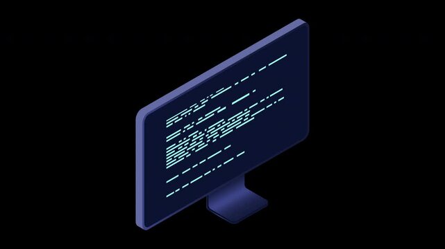 Isometric monitor animation. Computer monitor isometric desktop. Modern monitor. 4K video animated in isometric style. Transparent background with alpha channel
