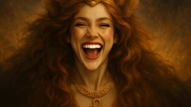 Stunning portrayal of a regal woman with flowing hair set against a warm, glowing background, representing a lion zodiac in a mystical setting