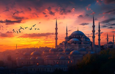 Fototapeta premium Istanbul Mosque Silhouette Orange Sunset Sky Birds Flying Cityscape Dome Architecture orange sky