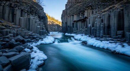 Stunning Basalt Columns and Icy River in Icelands Studlagil Canyon