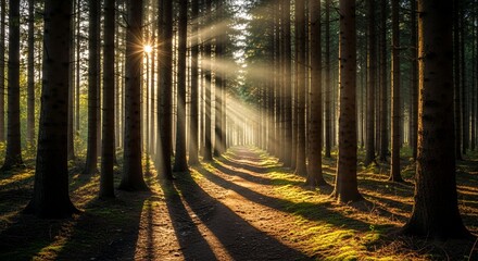 Fototapeta premium Sunbeams filtering through tall trees in a dense forest