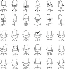 Stylish office chair icon set featuring ergonomic designs in black and outline stroke aesthetics perfect for representing comfortable seating for working at a desk. Piece of furniture for living room,