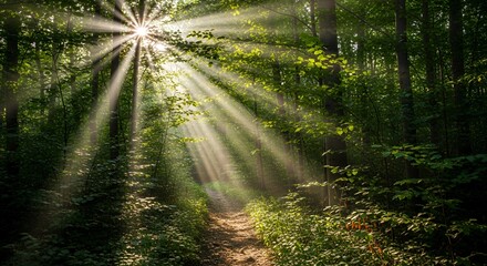 Sunbeams filtering through lush green trees in a vibrant forest scene