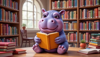 an animated hippopotamus seated at a table in what appears to be a cozy library setting. it is holding a book with both hands, engrossed in reading it, while wearing glasses