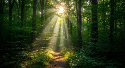 Fototapeta premium Sunbeams Illuminating a Peaceful Forest Path