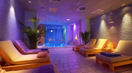 Serene spa room with loungers, plants, candles, a calming pool area