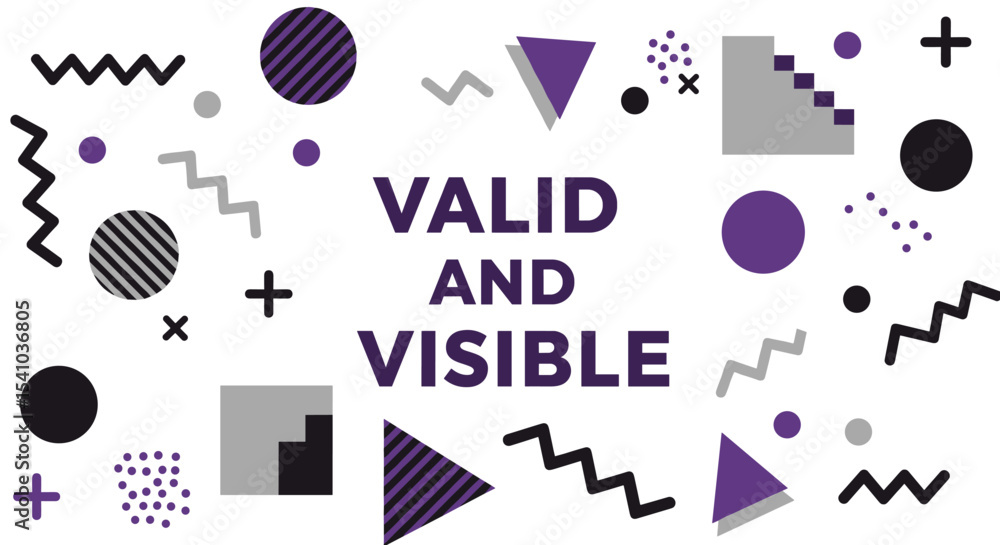 Poster valid and visible text with abstract geometric shapes. modern memphis style background with purple, 