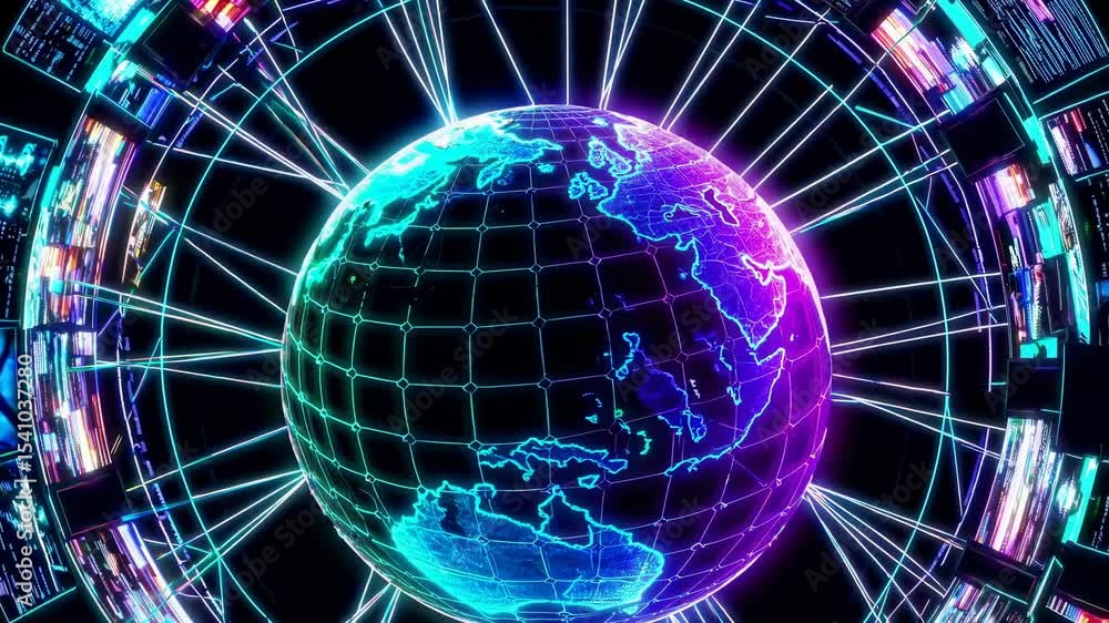 Poster futuristic video concept with a digital globe surrounded by data streams. a wide-angle view emphasiz