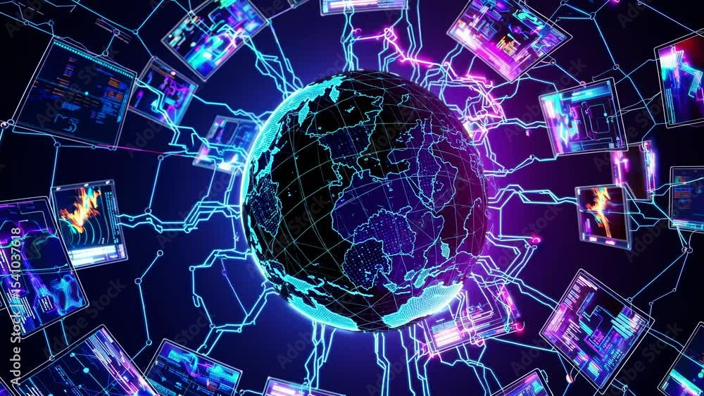 Poster futuristic video concept of a digital globe with neon data streams. top-down angle emphasizes global