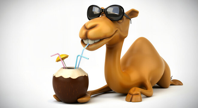 Cartoon Camel on Holiday Relaxing with a Refreshing Drink Isolated on a White Background