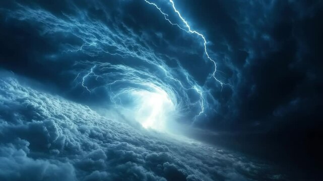 Storm cloud lightning striking dark swirling sky creating dramatic thunderstorm natural weather energy intense powerful vortex atmosphere filled with dark blue energy and power