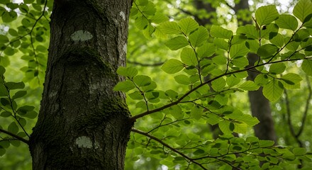 Fototapeta premium Sunlight filters through vibrant green beech leaves in a forest setting