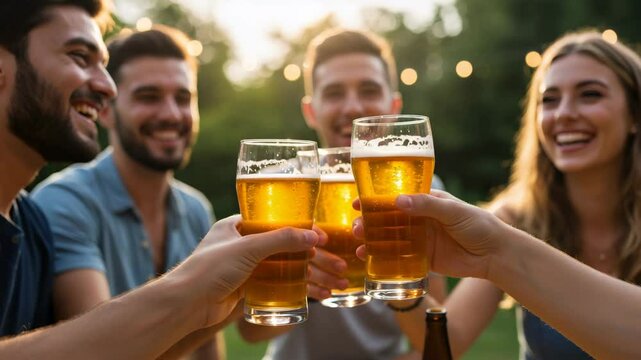 Group of people toasting with beer glasses outdoors under sunset. Celebration, party, or friendly gathering concept footage.