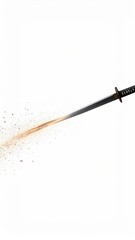 Black Katana Sword Slicing Through Brown Dust Against White Background