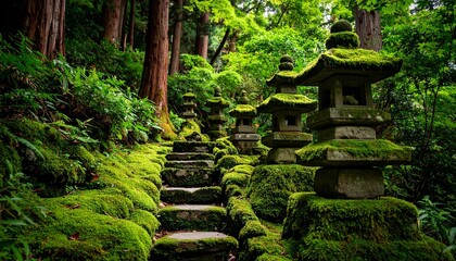 苔の付いた古い灯籠のある景色（Scenery with an old moss-covered lantern）
