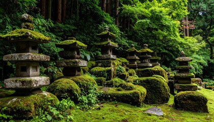 苔の付いた古い灯籠のある景色（Scenery with an old moss-covered lantern）
