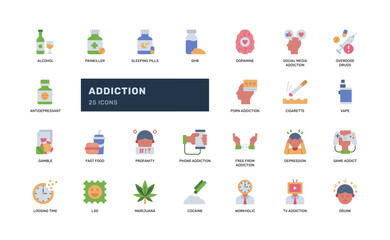 Flat Addiction Icon Set with Drugs and Mental Health Symbols